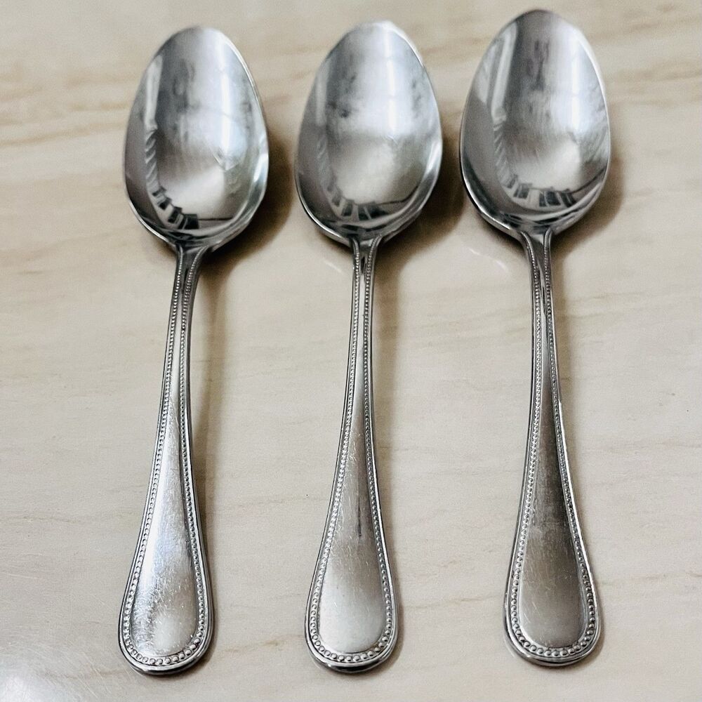 3pc F.B Rogers by Towle Norfolk Soup Spoon Stainless 7 1/4” Beaded Edge Glossy